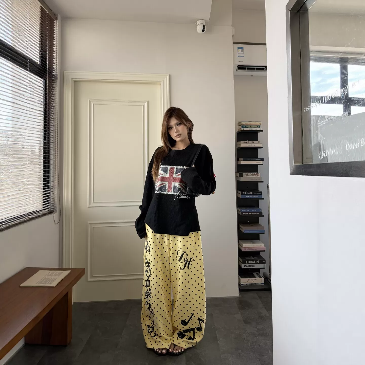 DHSS美式做旧旗帜印花长袖T恤男女宽松早秋圆领华夫格慵懒上衣