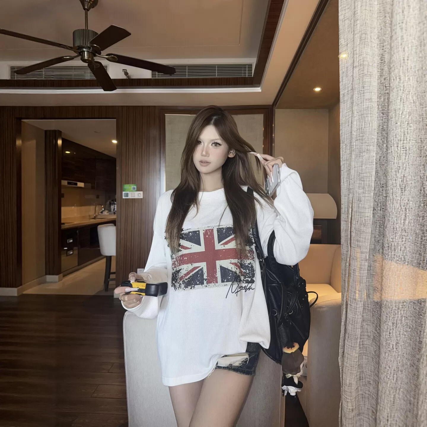DHSS美式做旧旗帜印花长袖T恤男女宽松早秋圆领华夫格慵懒上衣