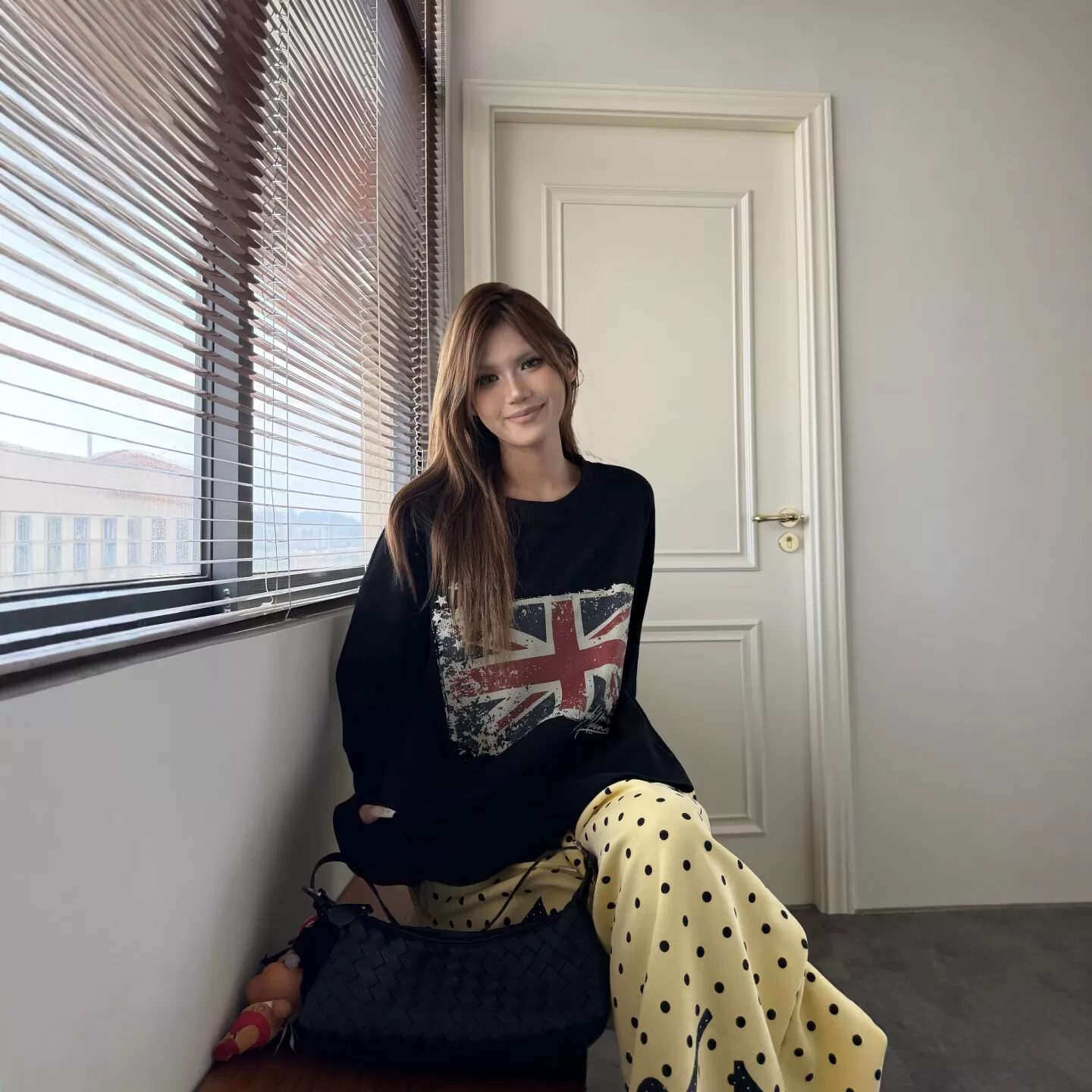 DHSS美式做旧旗帜印花长袖T恤男女宽松早秋圆领华夫格慵懒上衣