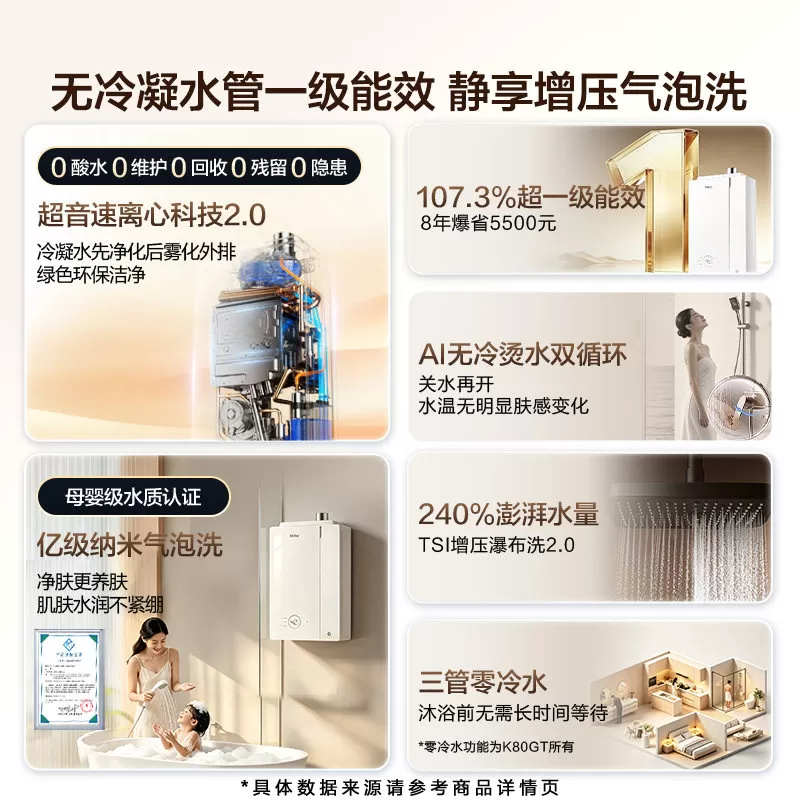 [新品]海尔麦浪小海鲸K80燃气热水器天然气一级能效16L升恒温家用