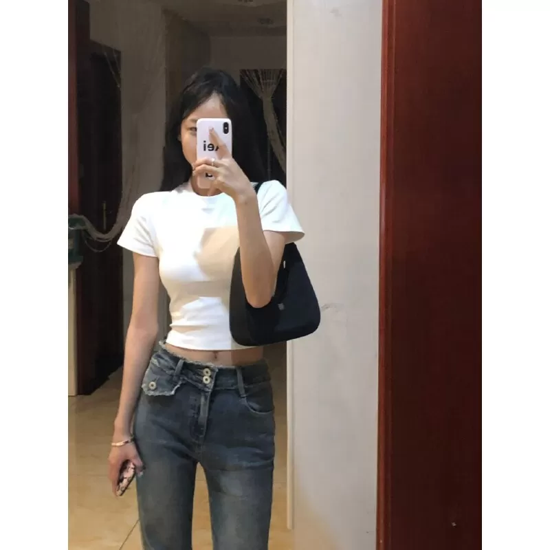 美式复古辣妹紧身白色短袖t恤女夏季纯欲风修身温柔短款正肩上衣