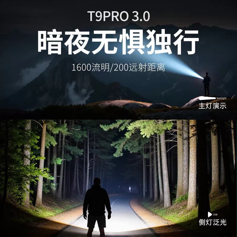 沃尔森T9pro手电筒强光充电户外维修工作灯小型便携家用磁吸战术