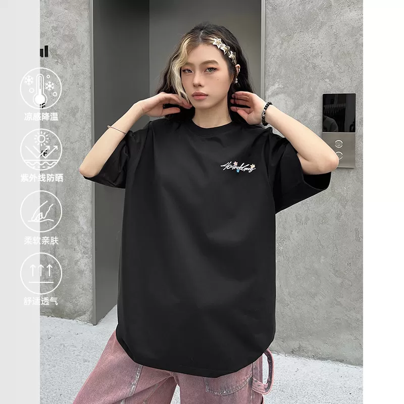 [徐艺洋同款]404MOB手写花卉刺绣短袖T恤男女款美式宽松凉感防晒t
