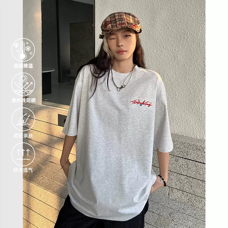 [徐艺洋同款]404MOB手写花卉刺绣短袖T恤男女款美式宽松凉感防晒t