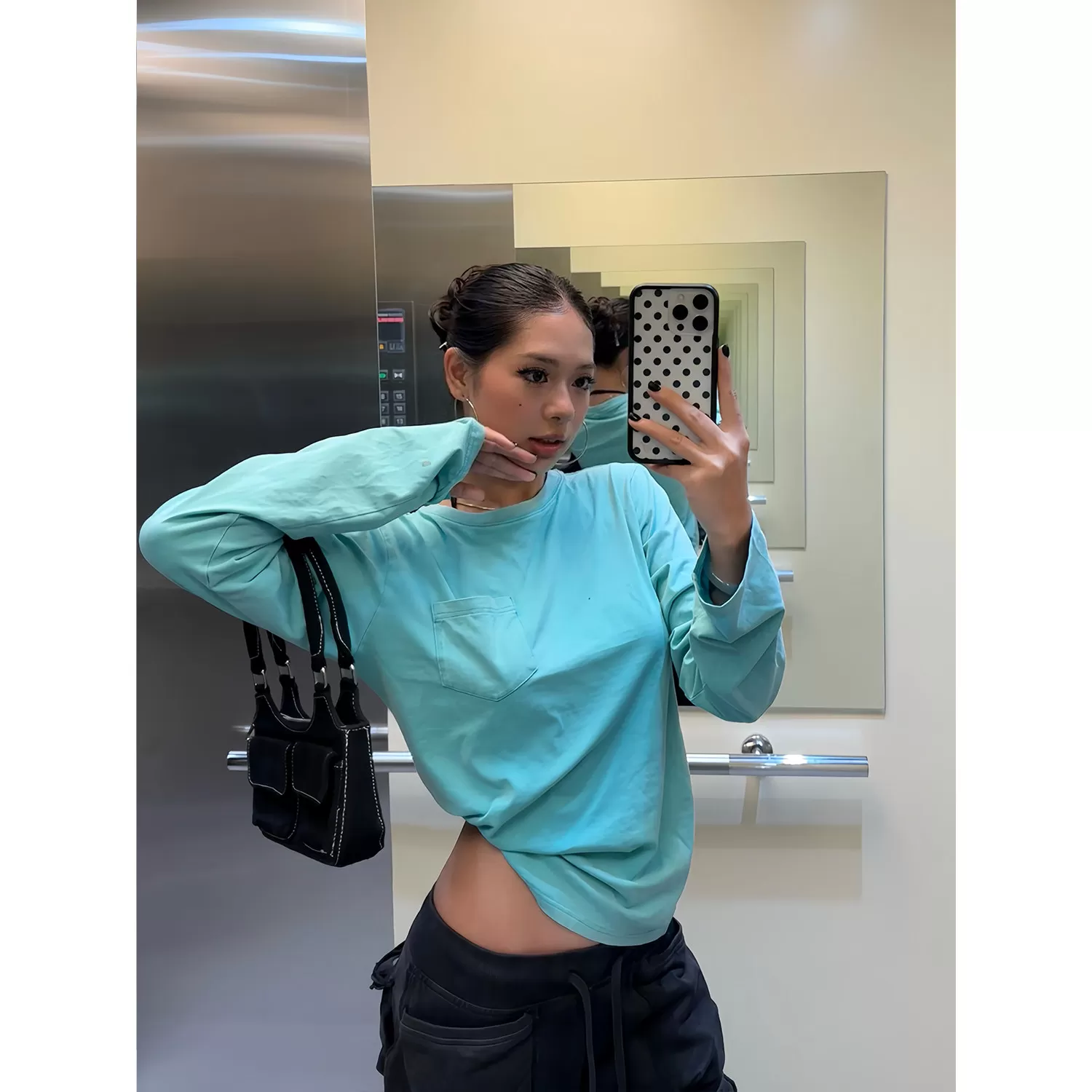 FFR 美式复古炒色口袋做旧休闲长袖打底衫T恤女基础百搭慵懒上衣
