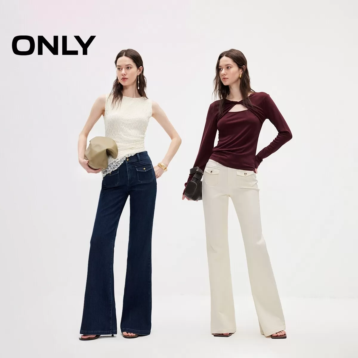 【复古小金豆】ONLY2026秋季新款两粒扣提臀超模裤喇叭裤牛仔裤女
