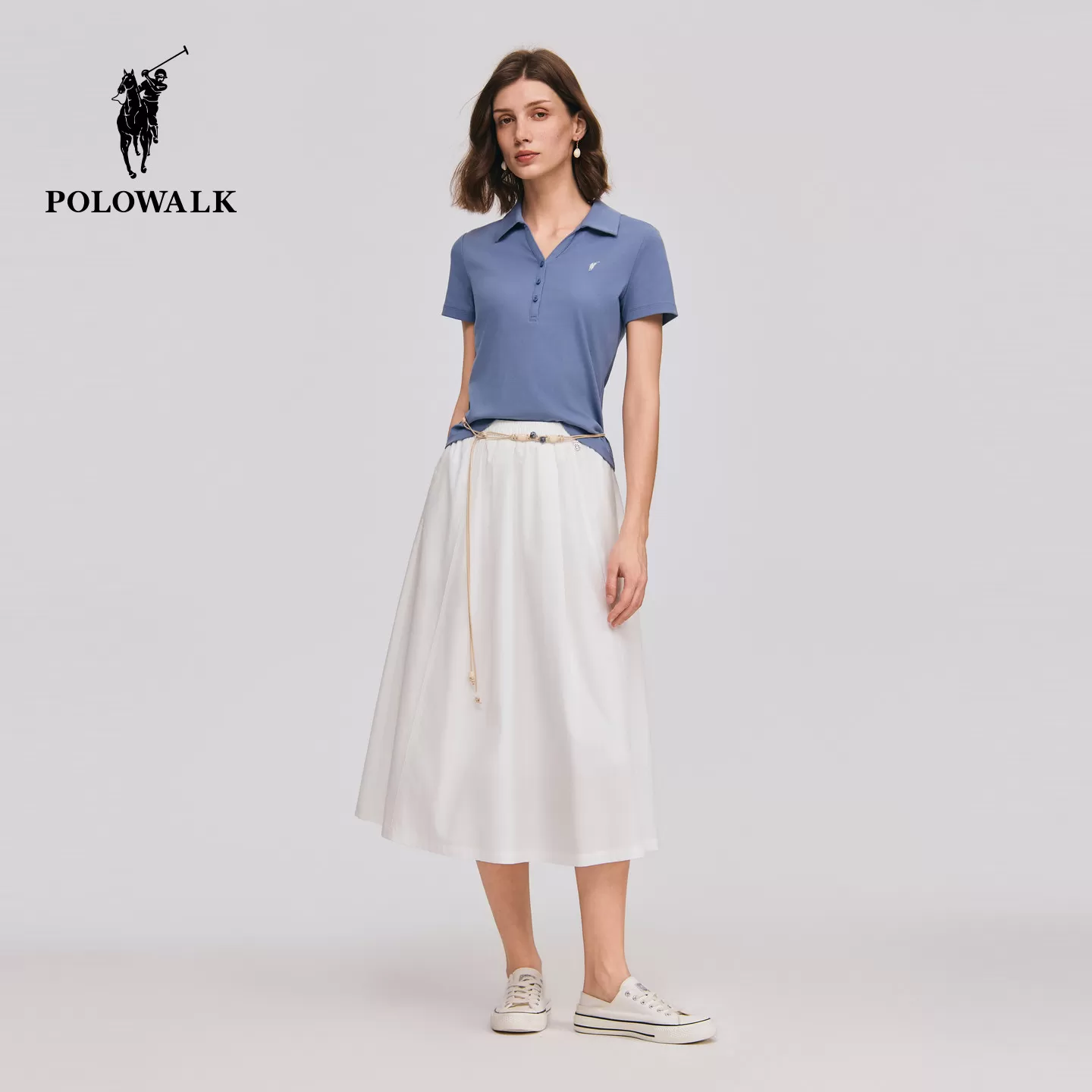 POLOWALK女式短袖2026夏季新品剪刀领简约纯色通勤百搭短袖T恤