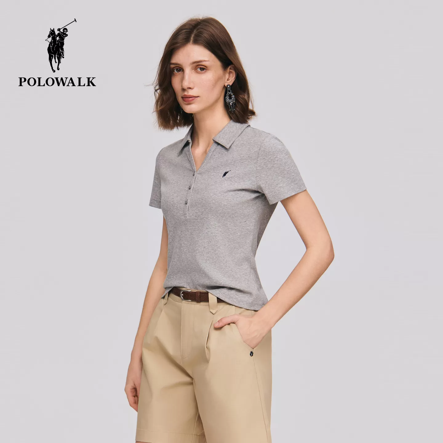 POLOWALK女式短袖2026夏季新品剪刀领简约纯色通勤百搭短袖T恤