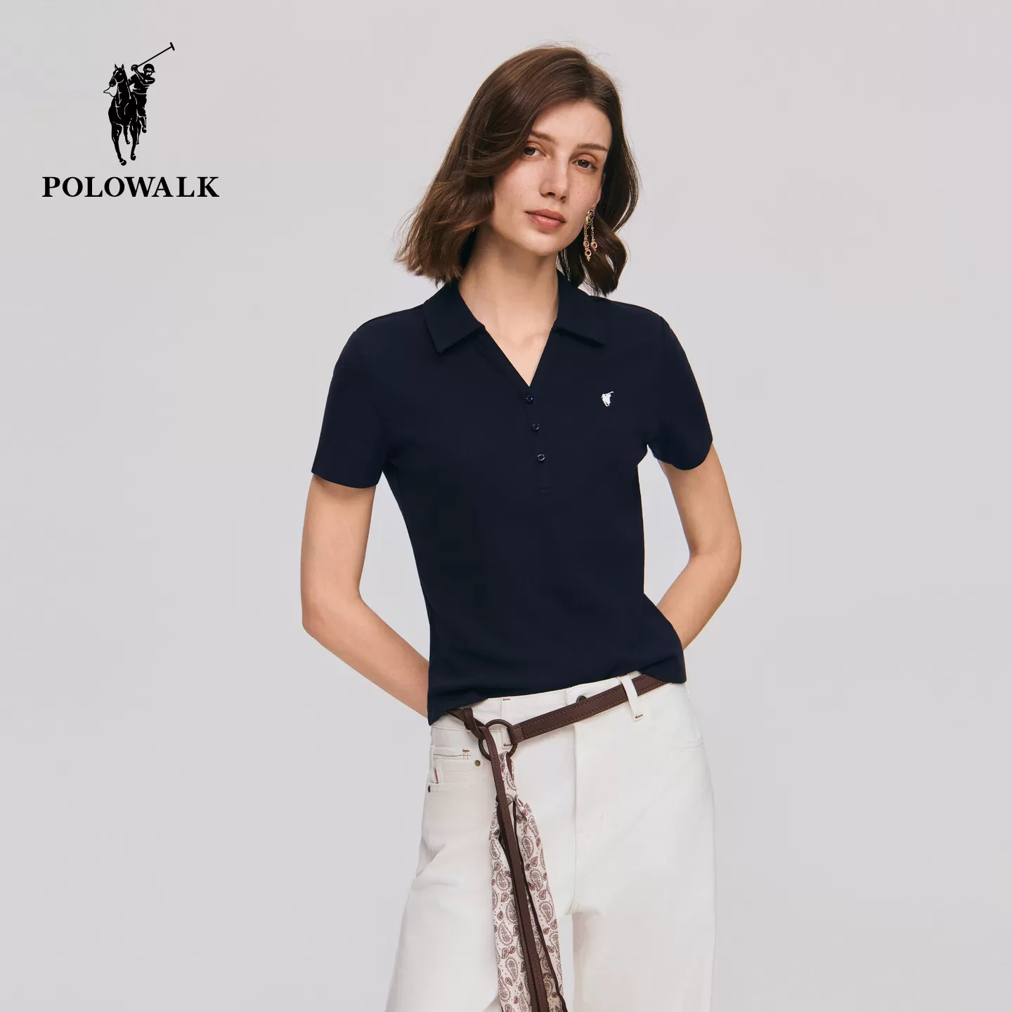 POLOWALK女式短袖2026夏季新品剪刀领简约纯色通勤百搭短袖T恤