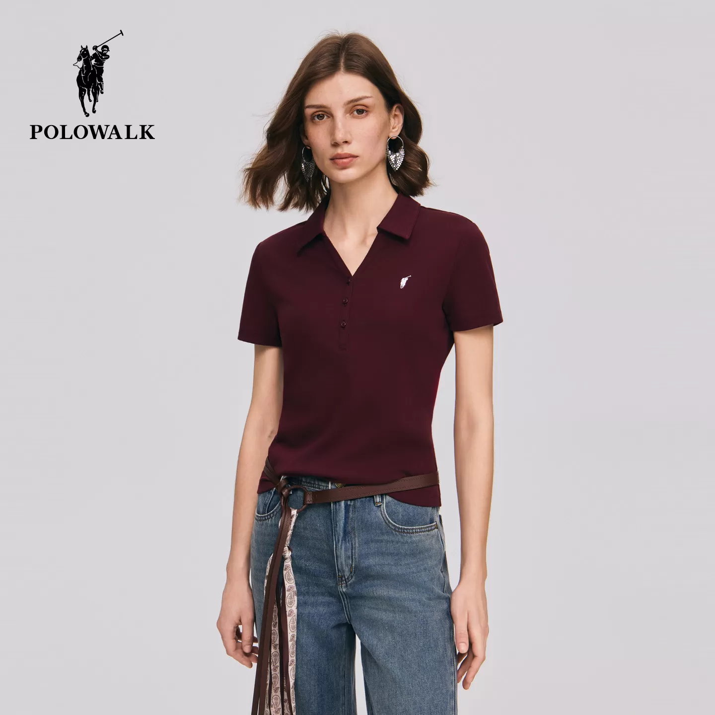 POLOWALK女式短袖2026夏季新品剪刀领简约纯色通勤百搭短袖T恤