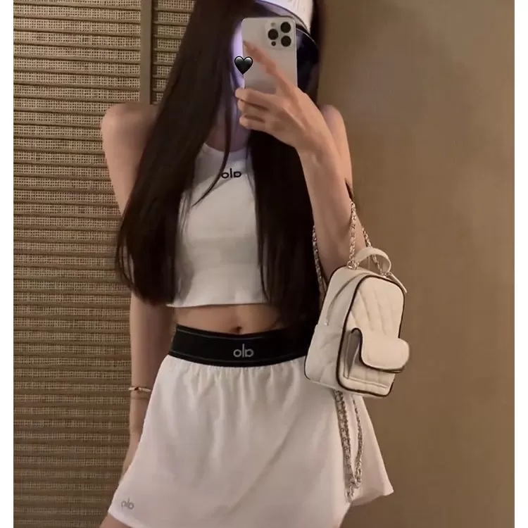 温婉同款元气少女瑜伽运动高腰显瘦松紧腰网球吊带半身裙休闲套装