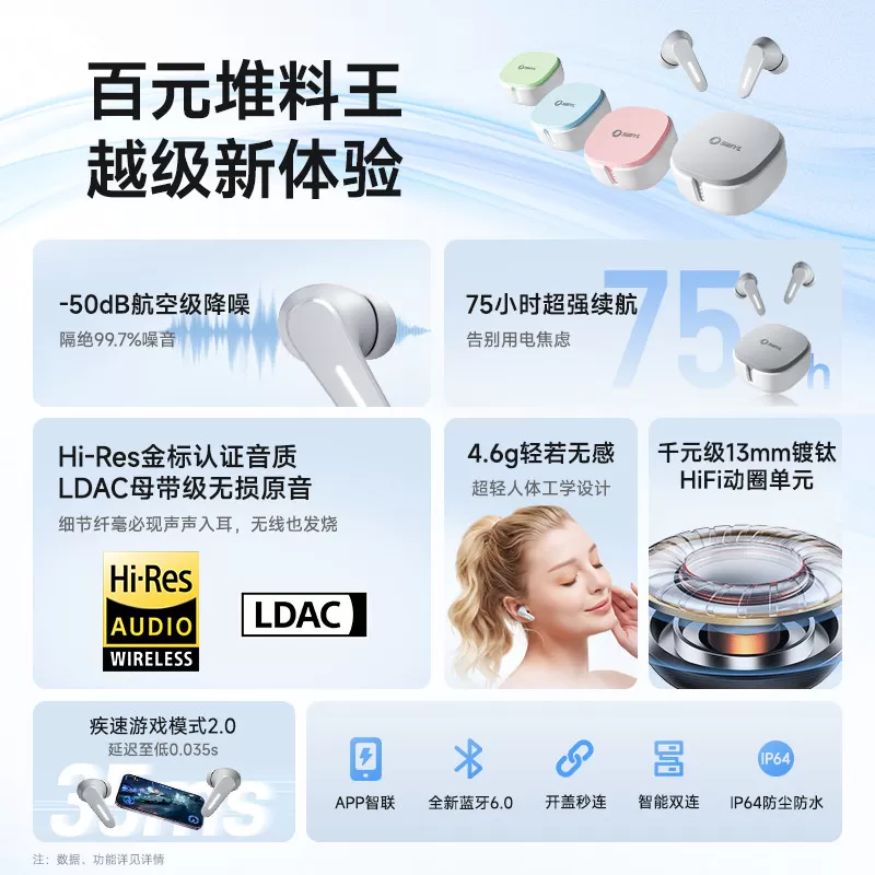 SIBYL熙彼儿WS200Pro入耳式真无线蓝牙耳机Hi-Res音质降噪长续航