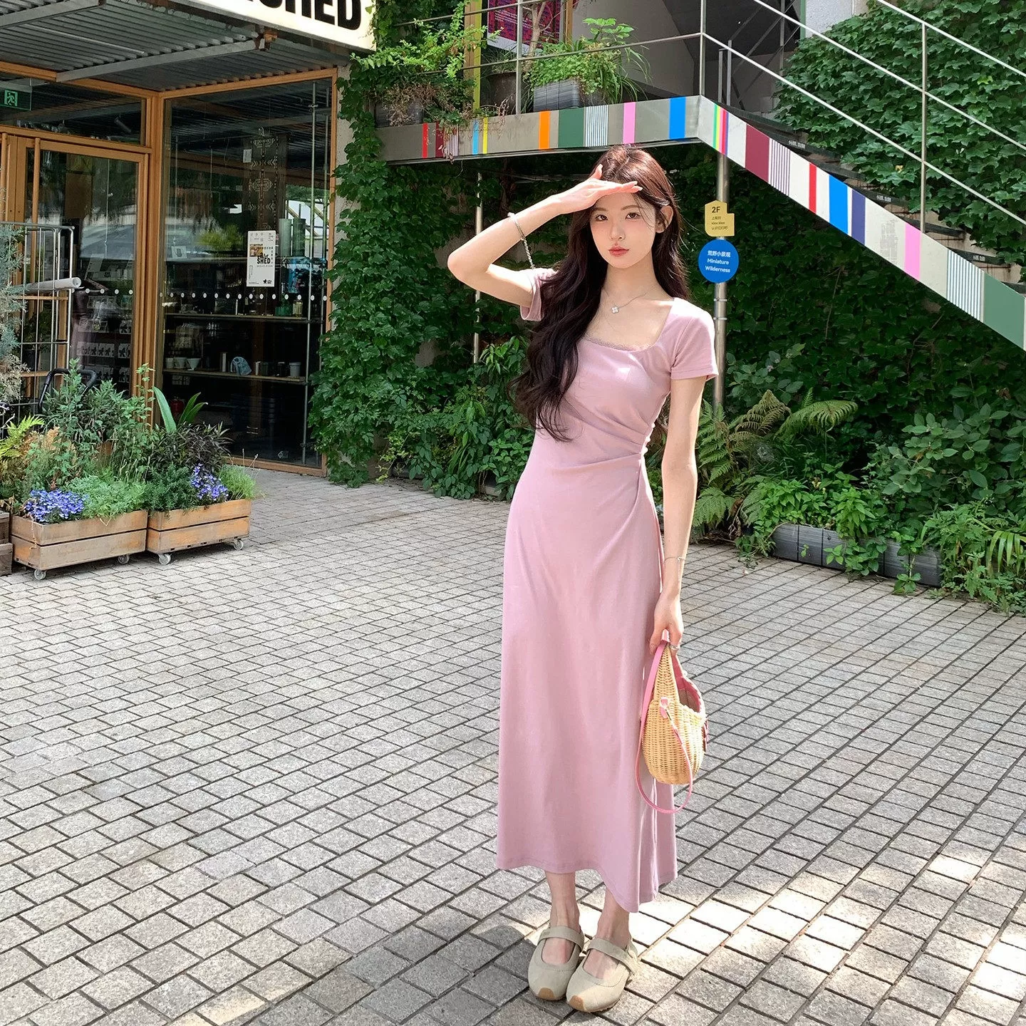 【所有女生的衣橱直播间】alex stevens方领蕾丝修身短袖连衣裙女