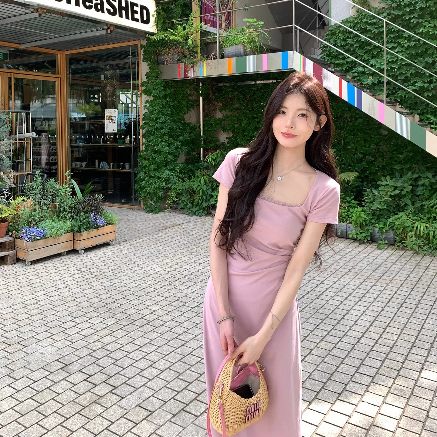 【所有女生的衣橱直播间】alex stevens方领蕾丝修身短袖连衣裙女