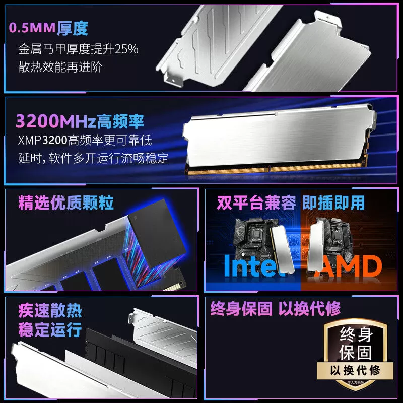 ddr4内存条16Gx2 3200MHz C18台式机电脑通用马甲镁光现代颗粒