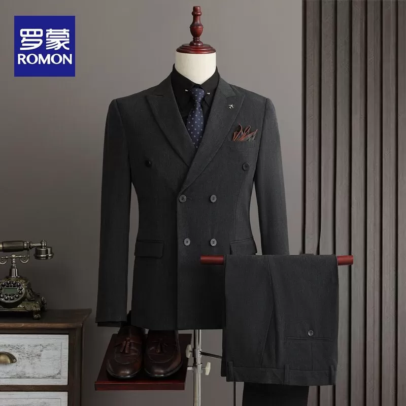 罗蒙双排扣西服套装男士商务正装高级感西装新郎结婚礼服修身外套