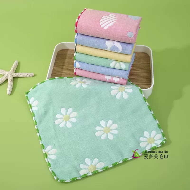 小毛巾纯棉六层纱布方巾幼儿园带挂绳卡通擦手巾帕家用宝宝口水巾