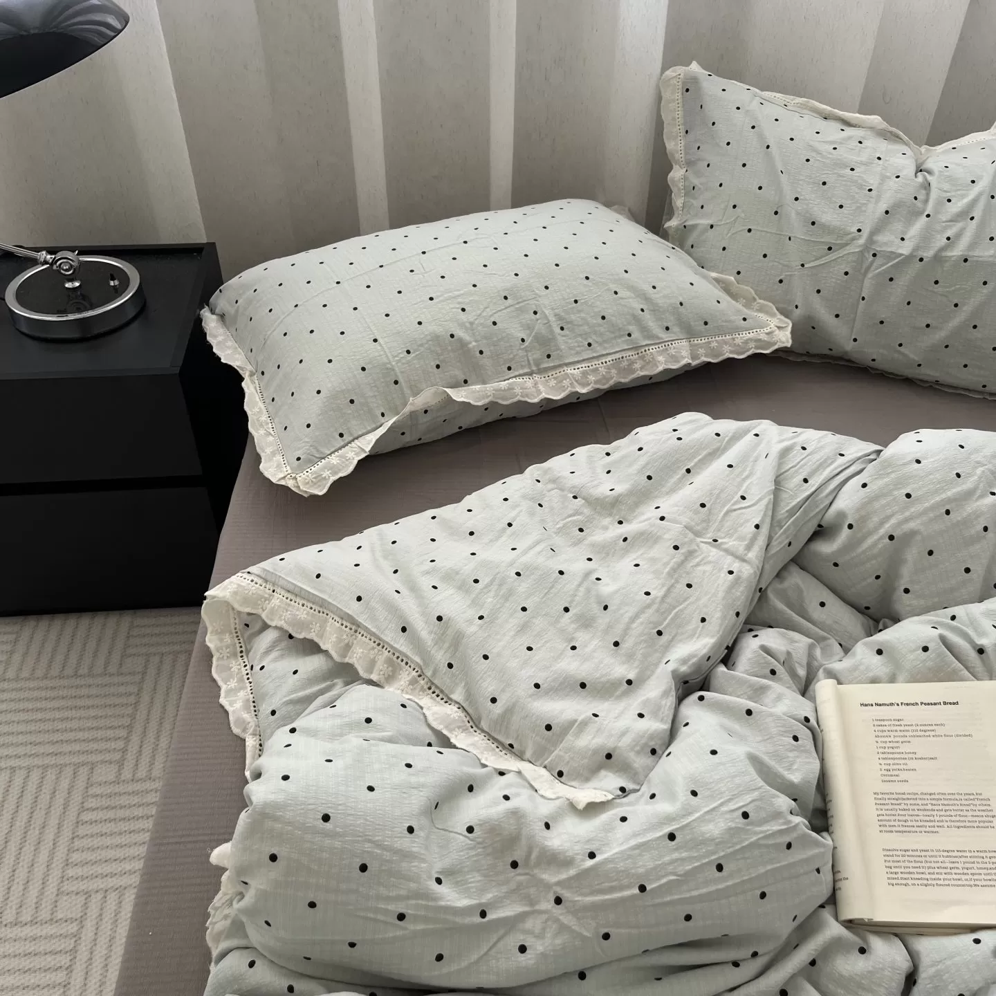 少女ins小清新波点蓝水洗棉床单四件套花边全棉被套纯棉三件套1.5