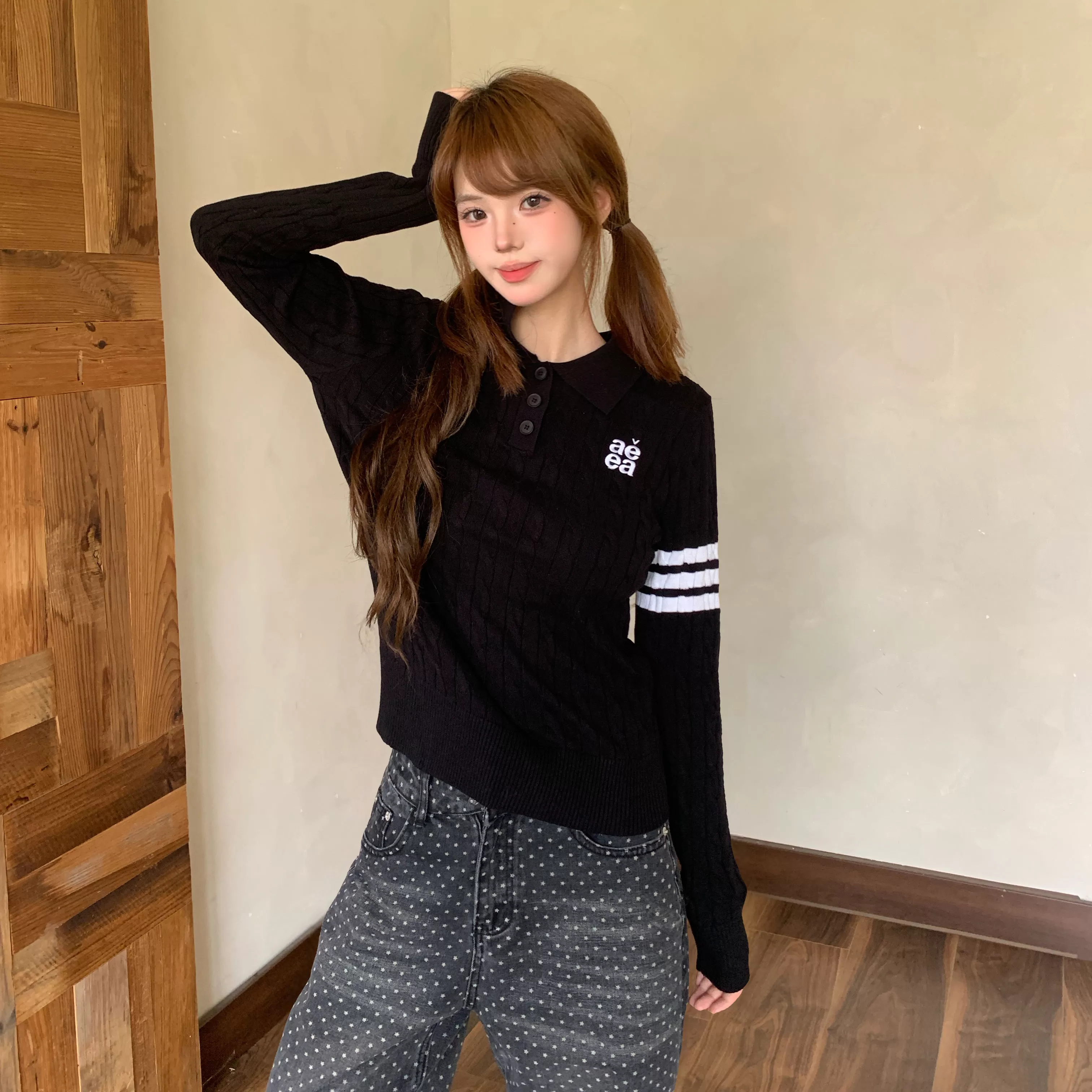 Amoeba韩系复古简约学院风收腰显瘦正肩POLO针织衫毛衣秋季长袖女