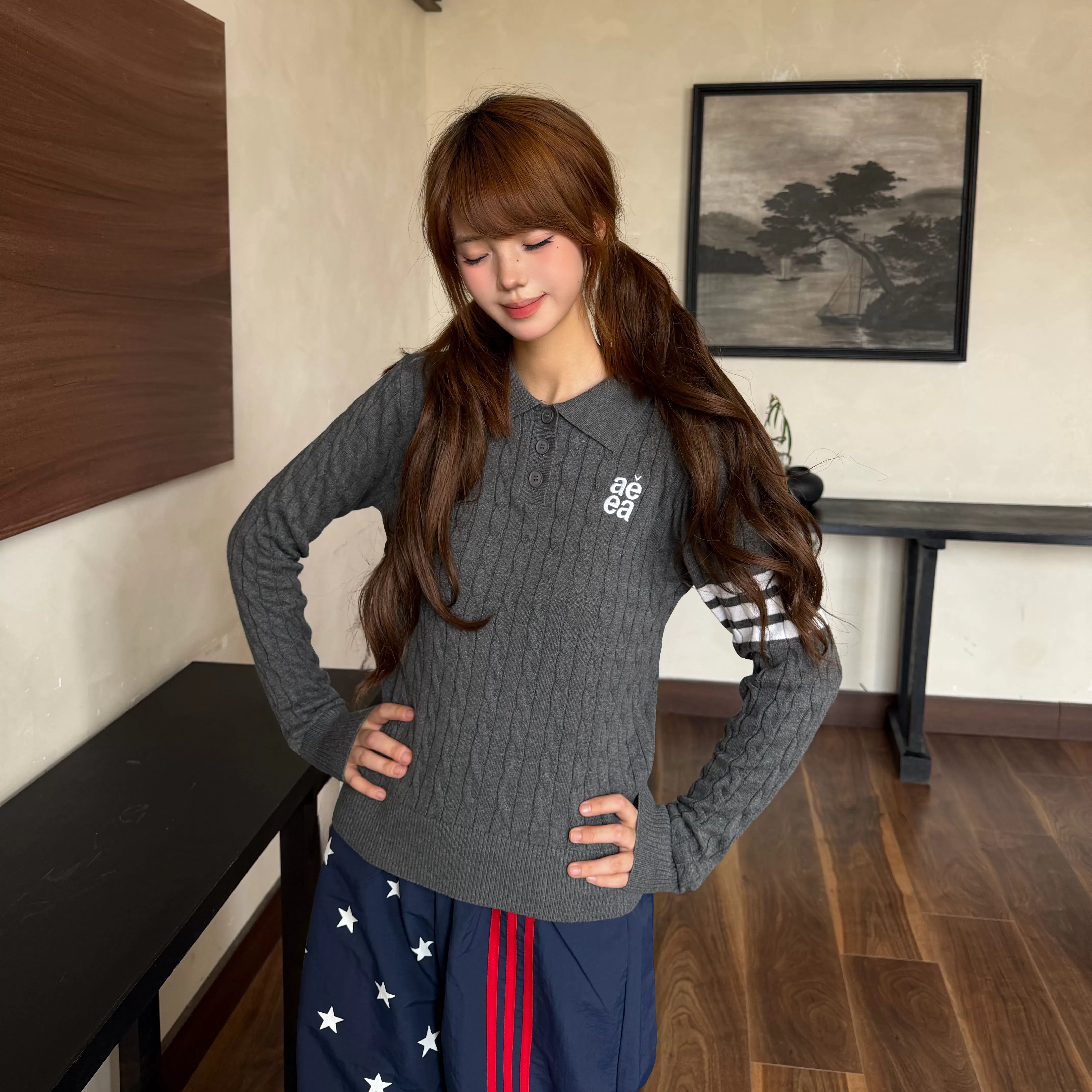Amoeba韩系复古简约学院风收腰显瘦正肩POLO针织衫毛衣秋季长袖女