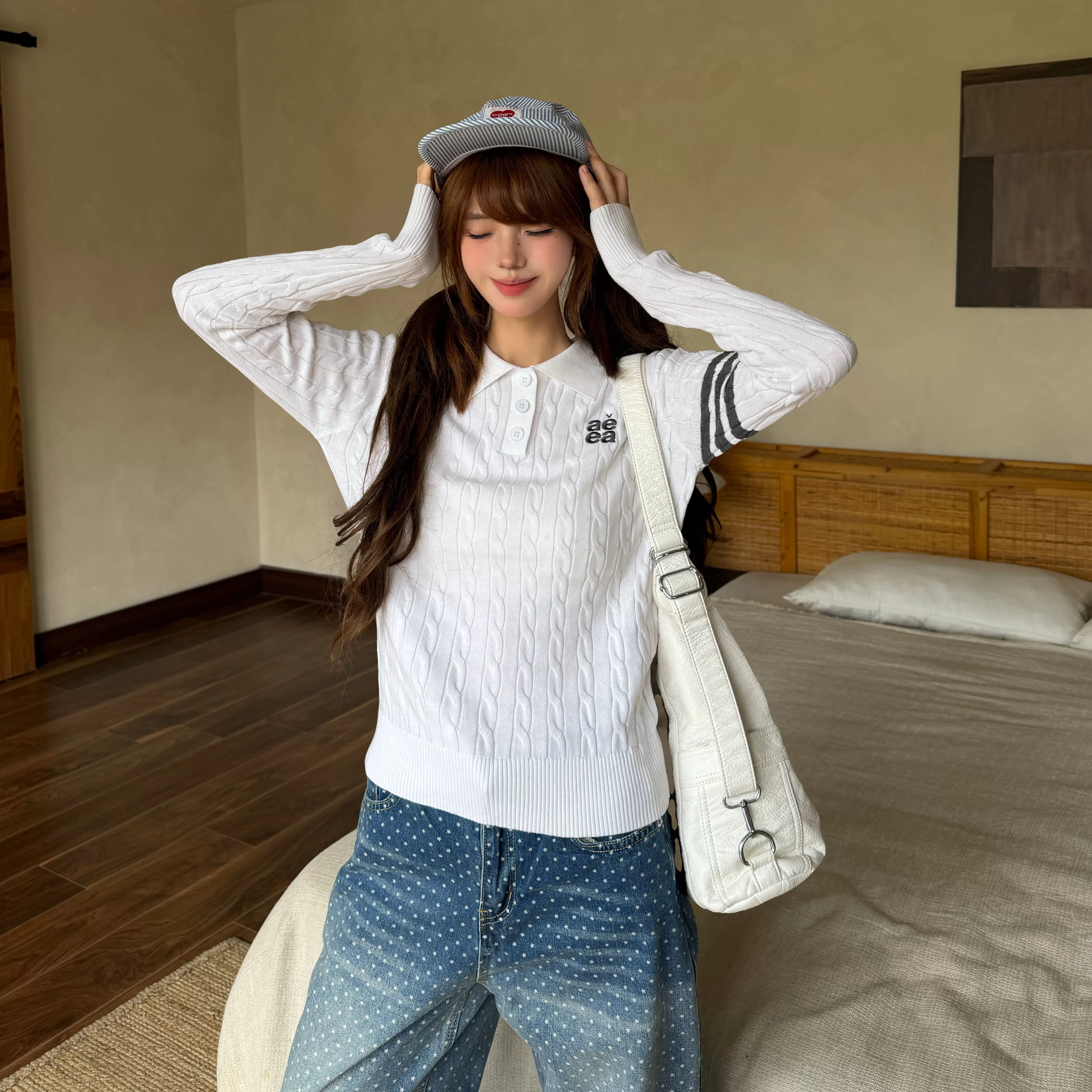 Amoeba韩系复古简约学院风收腰显瘦正肩POLO针织衫毛衣秋季长袖女