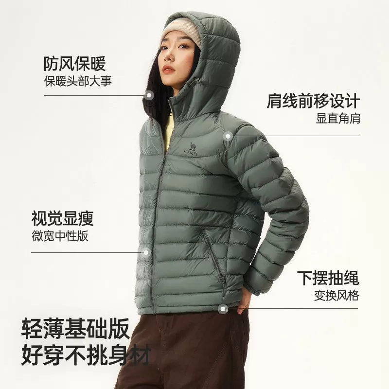 骆驼火焰轻薄羽绒服女装2026秋冬新款保暖排骨服鸭绒连帽短款外套