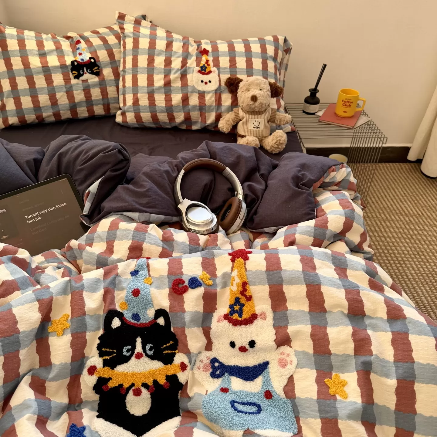 少女ins软萌猫咪毛巾绣床单四件套水洗棉全棉被套纯棉学生三件套