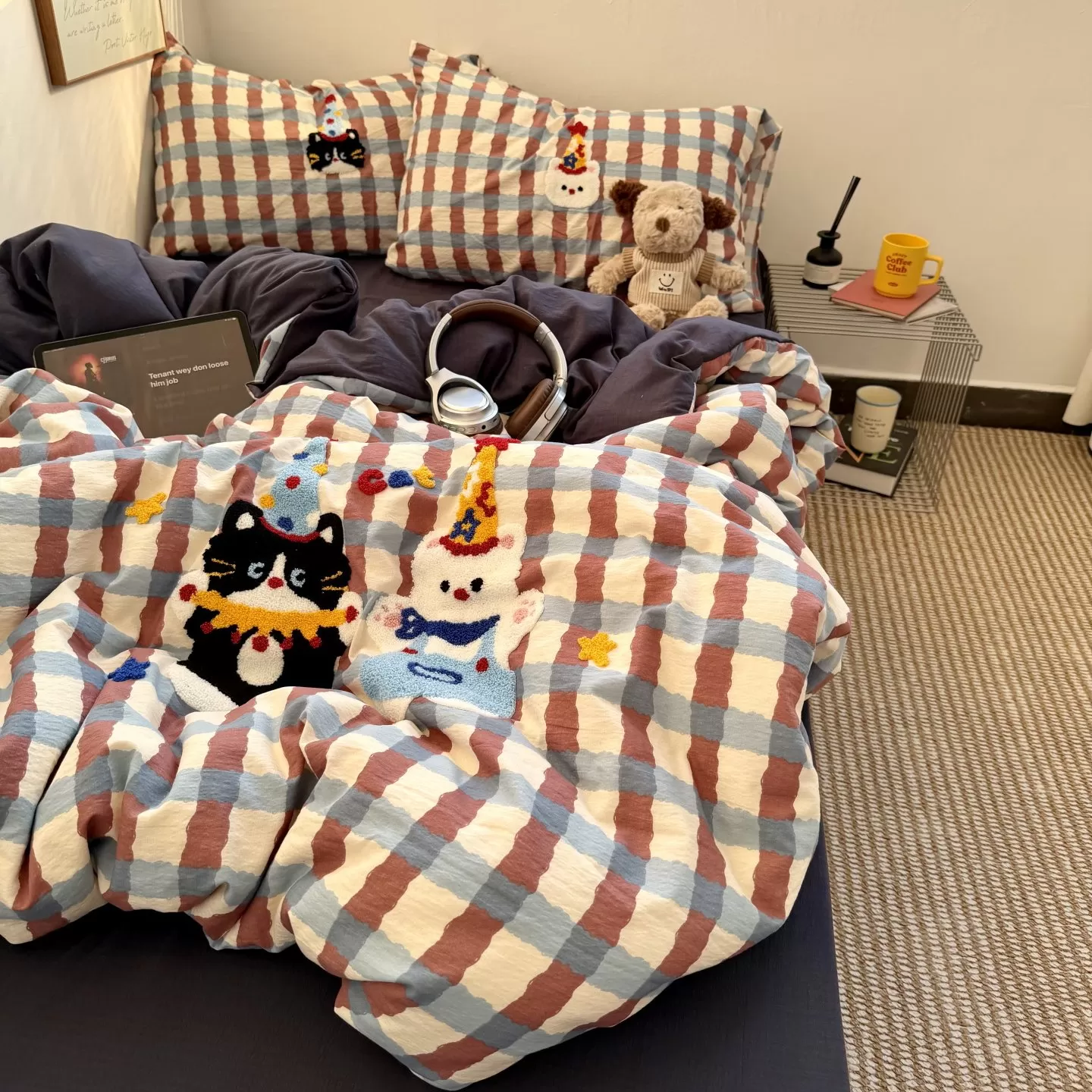 少女ins软萌猫咪毛巾绣床单四件套水洗棉全棉被套纯棉学生三件套
