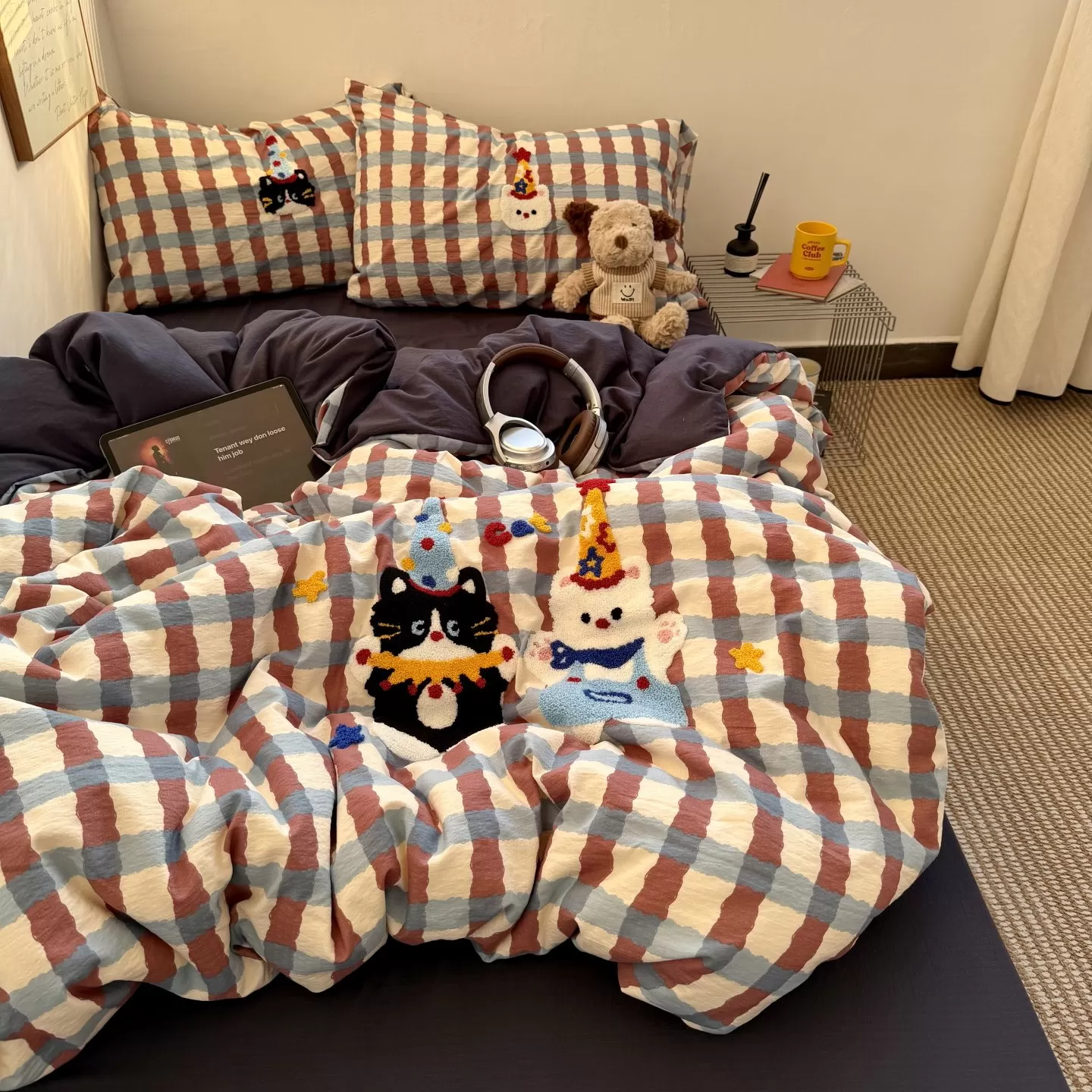 少女ins软萌猫咪毛巾绣床单四件套水洗棉全棉被套纯棉学生三件套
