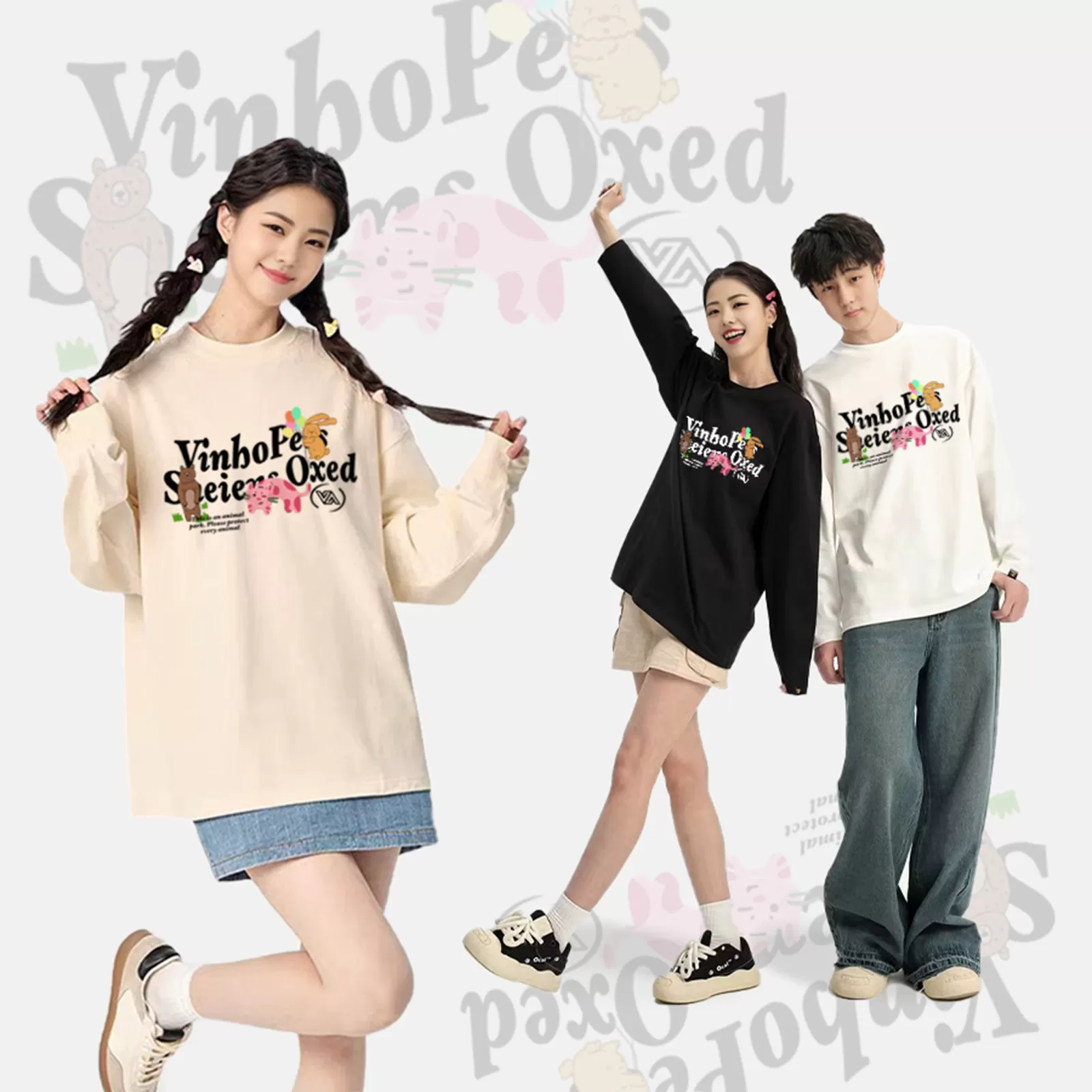 【吉杰推荐】VINHOPESS 纯棉套头圆领宽松趣味字母长袖/胶章长袖
