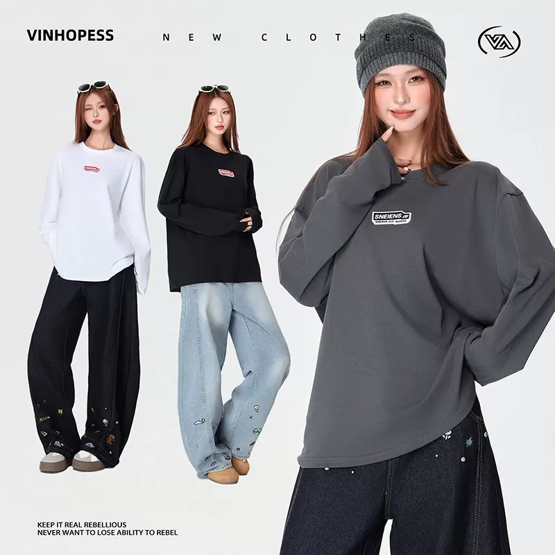 【吉杰推荐】VINHOPESS 纯棉套头圆领宽松趣味字母长袖/胶章长袖