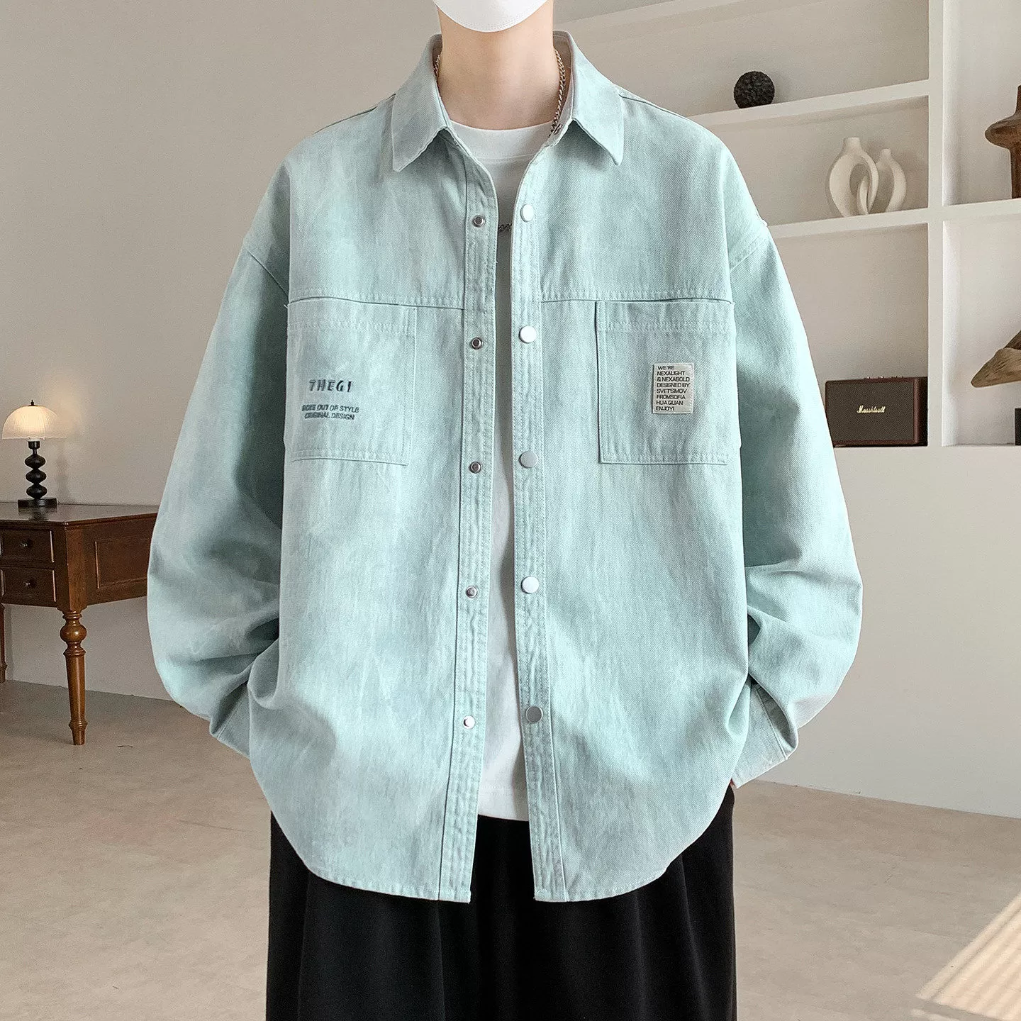 春秋季新款渐变衬衫男生美式翻领纯棉外套帅气夹克男装士衬衣服潮