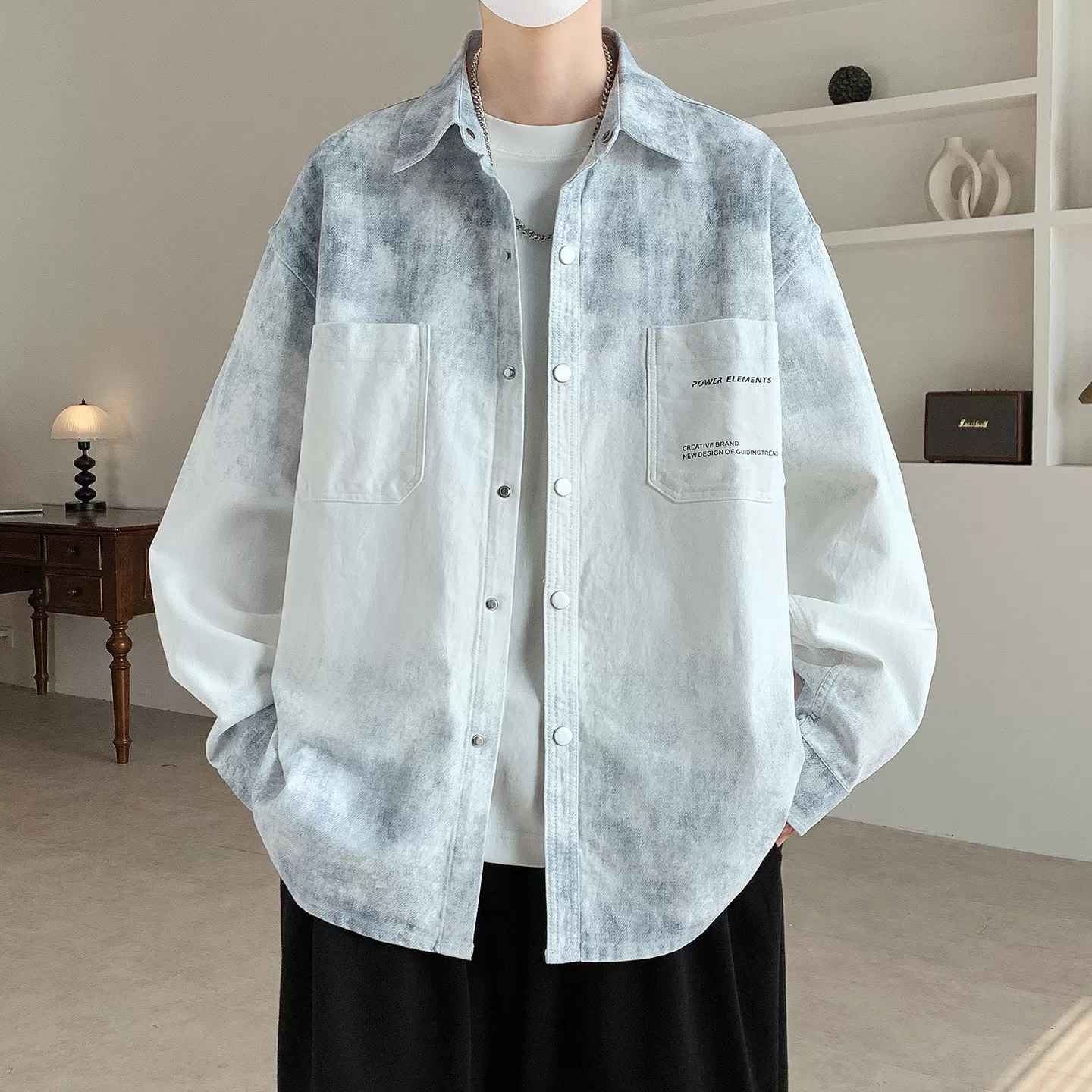 春秋季新款渐变衬衫男生美式翻领纯棉外套帅气夹克男装士衬衣服潮