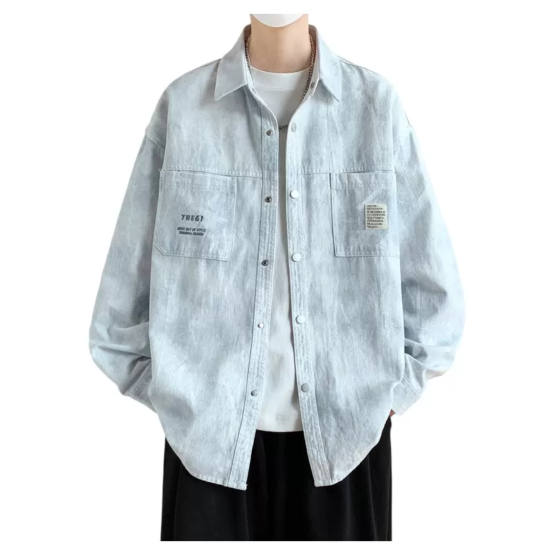 春秋季新款渐变衬衫男生美式翻领纯棉外套帅气夹克男装士衬衣服潮