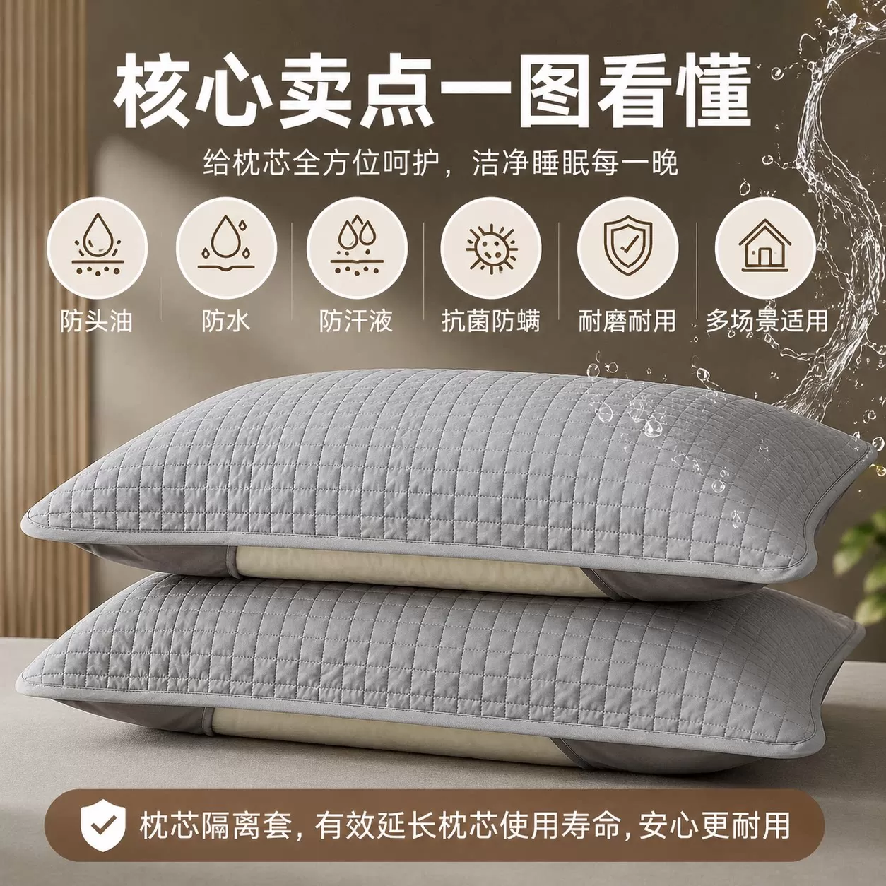 防汗防油污枕芯隔离套枕头内胆罩男士透气隔口水枕芯保护内胆套