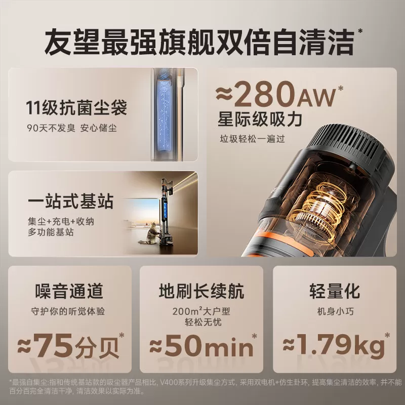 UWANT友望V400Pro0缠自动集尘吸尘器无线手持家用大吸力吸尘机